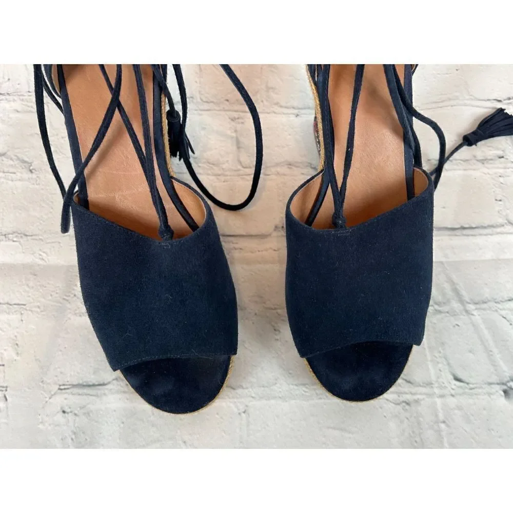 CABI boho navy blue Isla leather suede wedge espadrille tassels sandals size 9M